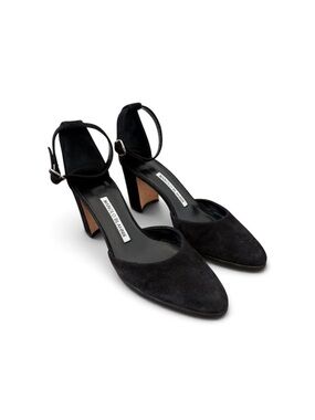 Manolo Blahnik Lausam Black Suede Block Heel Pumps Size 36/US 6